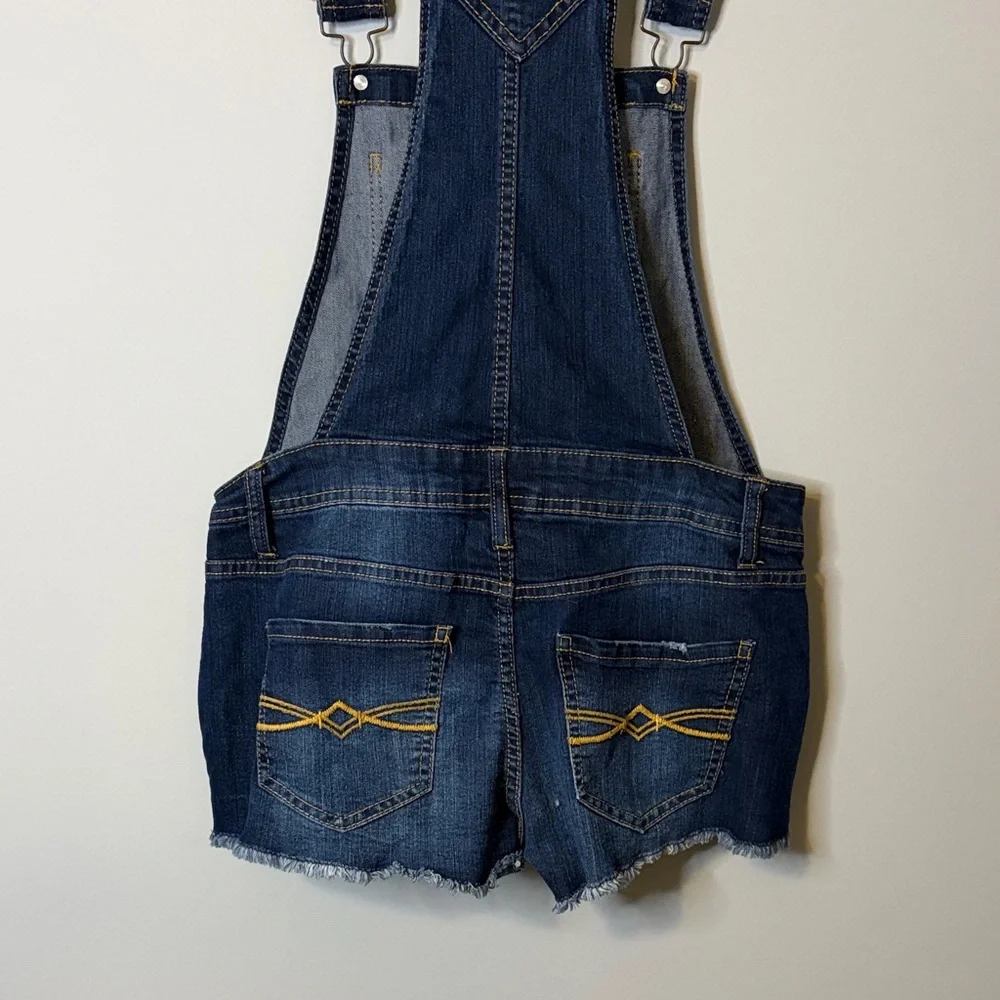 Mudd Dark Blue Denim Overall Shorts Floral Pockets Medium - Picture 8 of 9